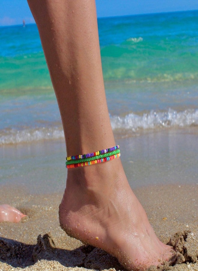 XIJIN 18 Pieces Elastic Beaded Anklets for Women Handmade Beach Boho Colorful Beads Ankle Bracelets Set - Image 3